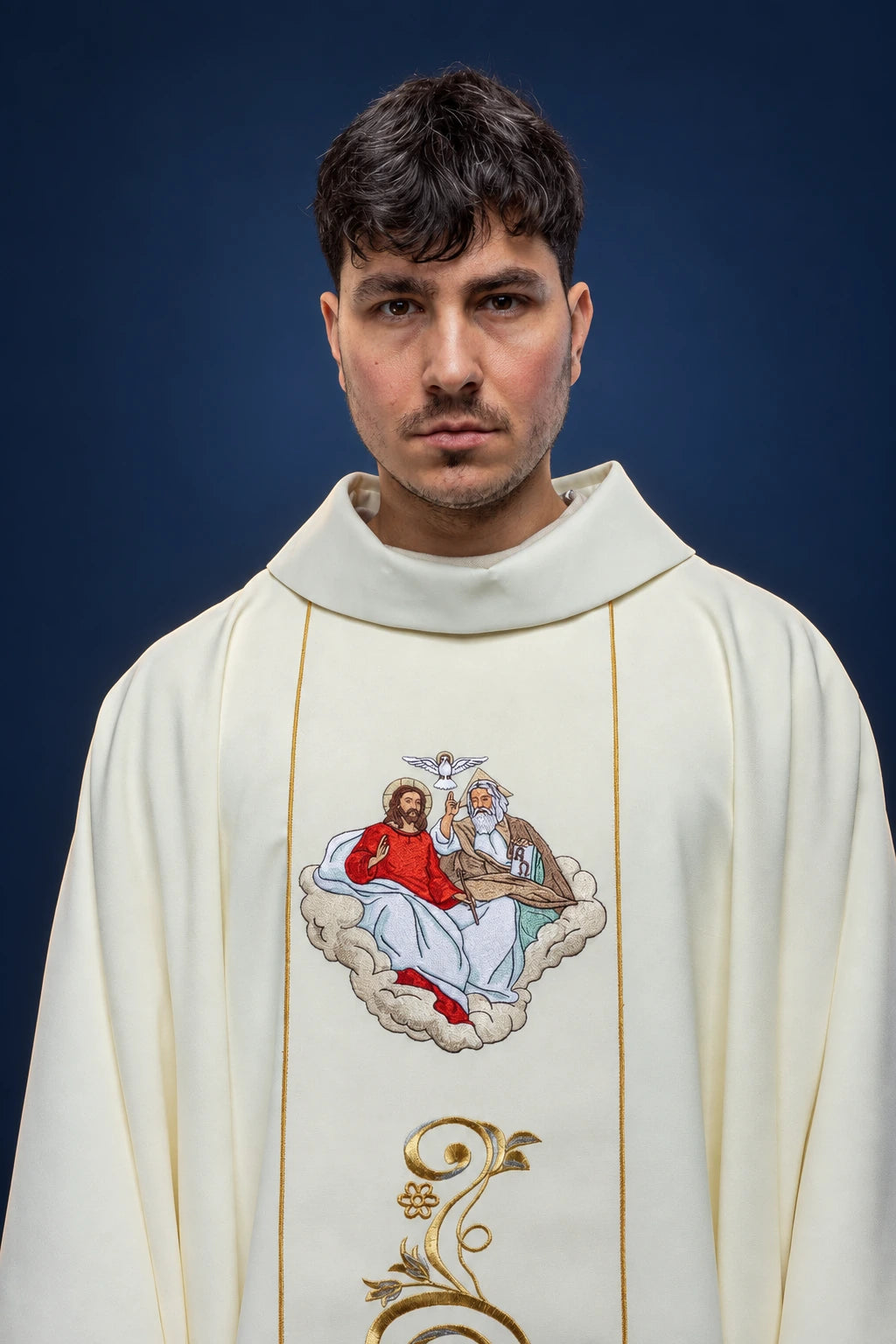 Embroidered Chasuble with an Image of the Holy Trinity, front view in white with gold trim and central image