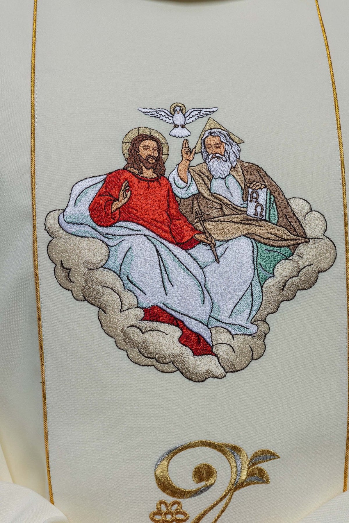 Holy Trinity chasuble close-up showing embroidered Father, Son and Holy Spirit image