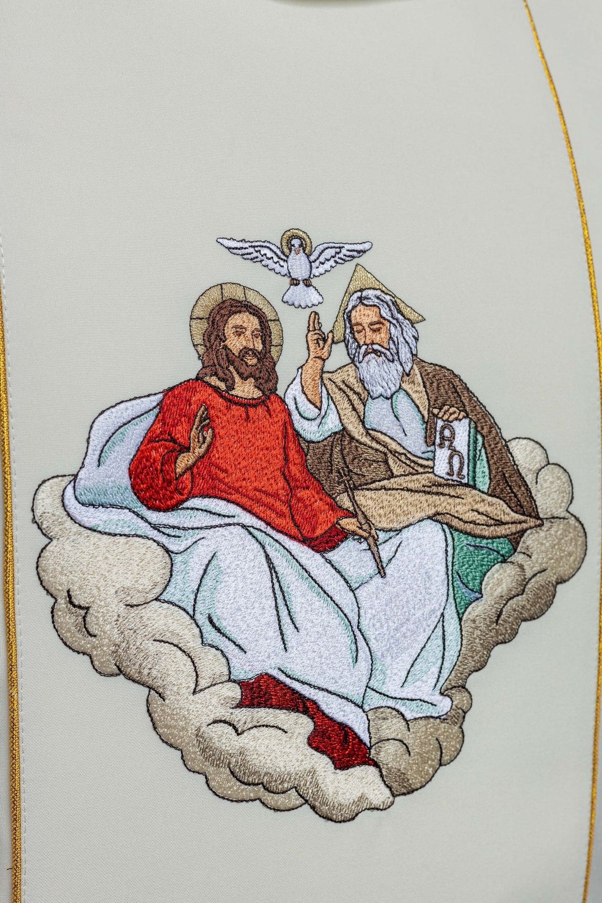 Holy Trinity chasuble close-up of embroidered Trinity image and gold orphrey
