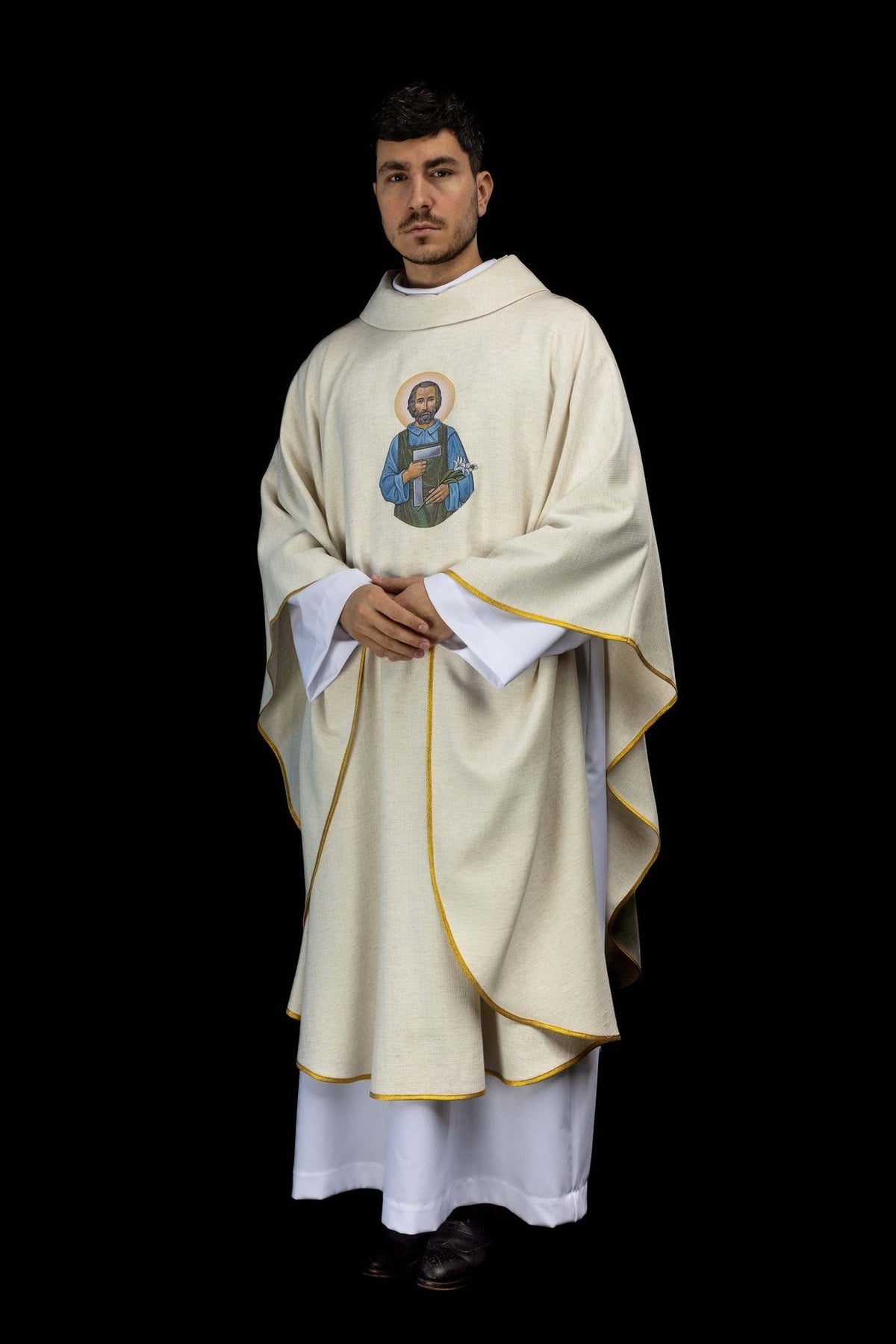 Saint Joseph the Worker chasuble, ecru full front view with gold trim