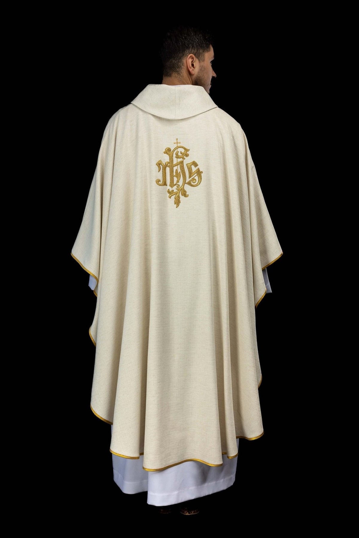 Saint Joseph the Worker chasuble, full back view with gold trim