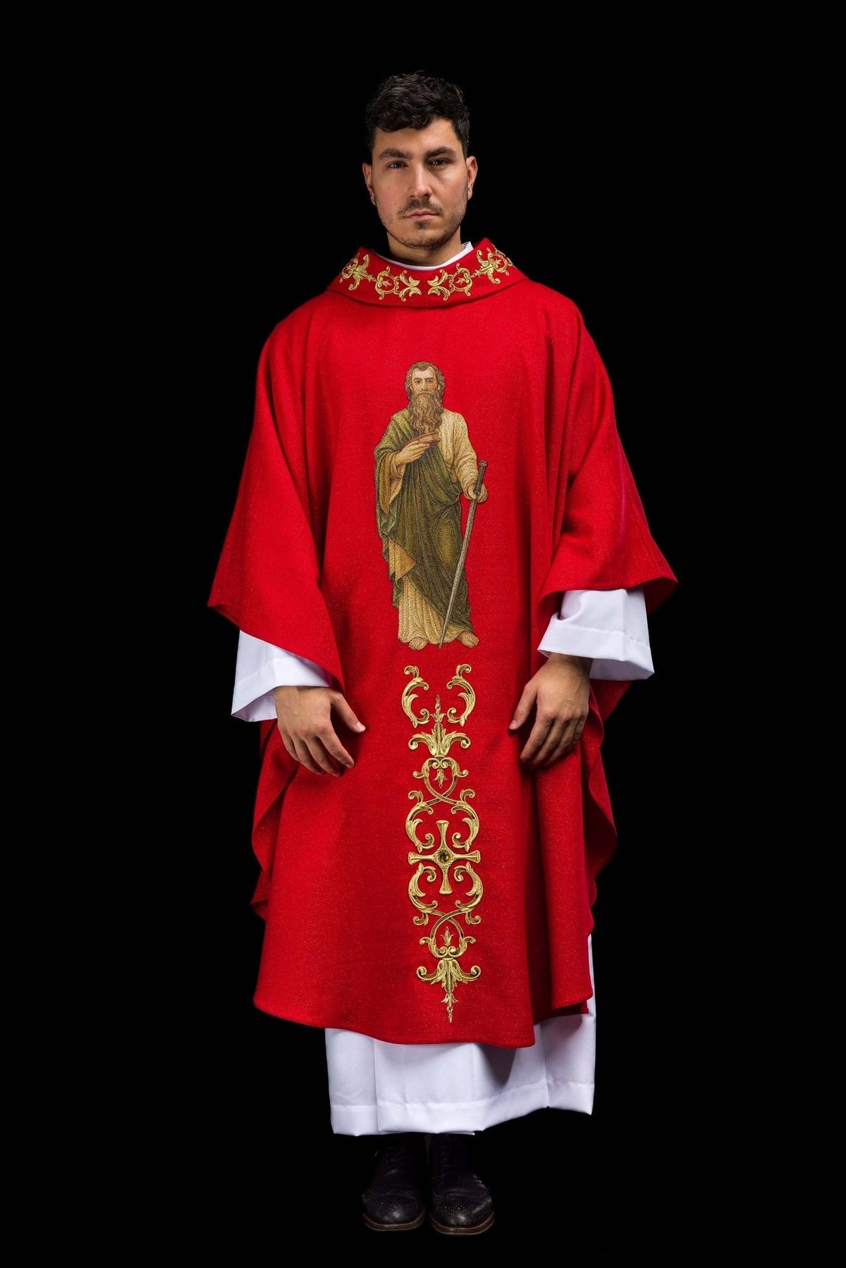Red chasuble front view with Saint Paul embroidery and gold ornamental orphrey