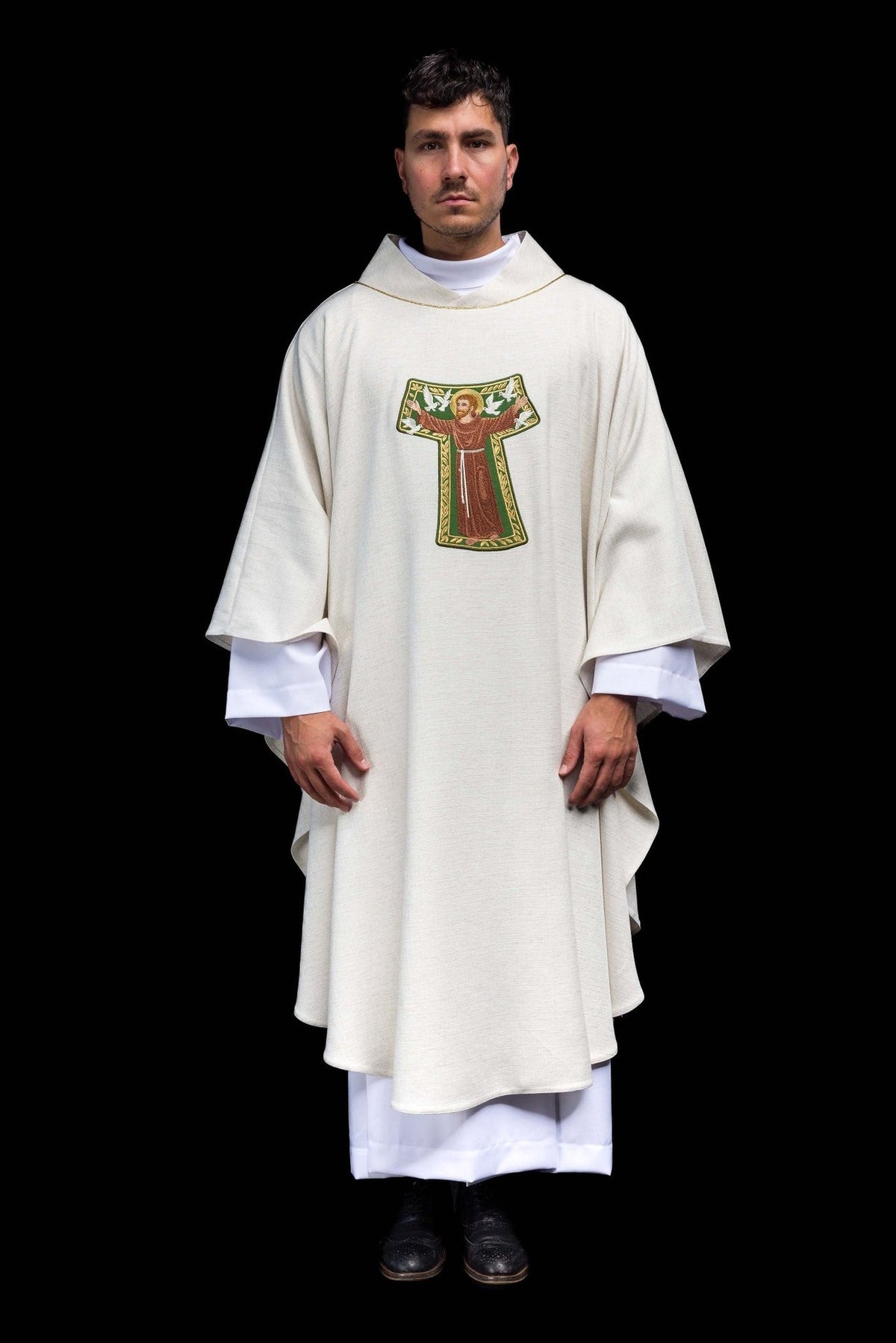 Saint Francis chasuble, full front view with embroidered image