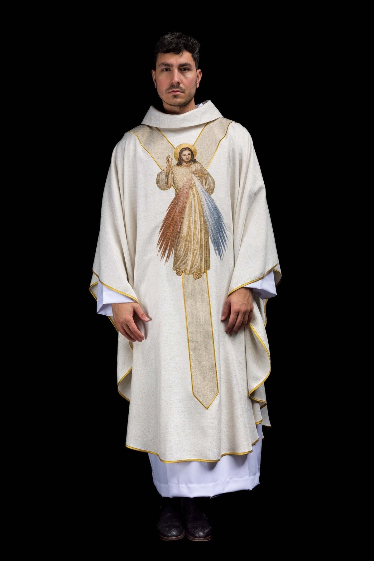 Ecru chasuble front view with embroidered Divine Mercy image and gold orphrey