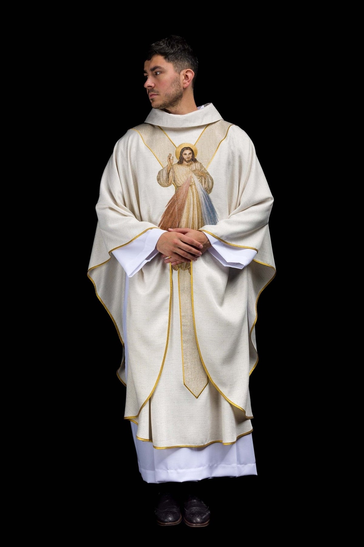 Front view of ecru chasuble with Divine Mercy embroidery and gold trim