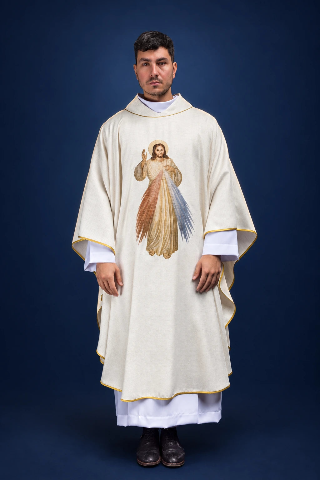 Ecru Embroidered Chasuble with Divine Mercy Image, front view with gold trim