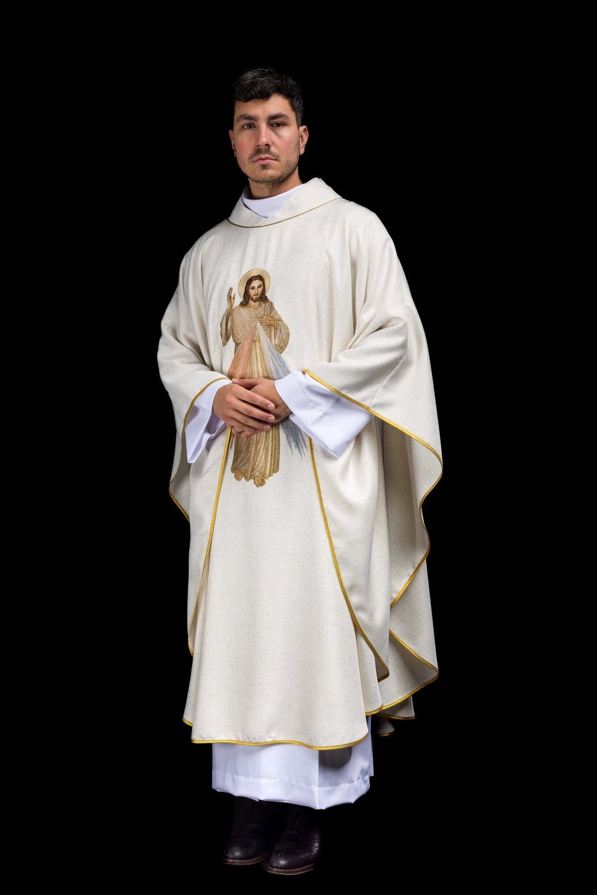 Chasuble front three-quarter view with Divine Mercy embroidery