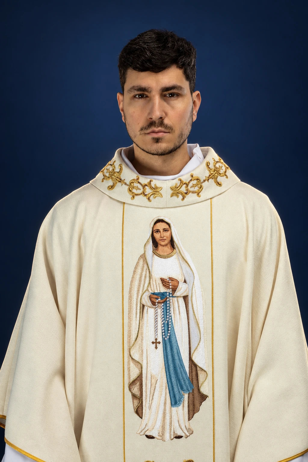 Richly Embroidered Chasuble with an Image of Our Lady of the Rosary, front close-up in ecru