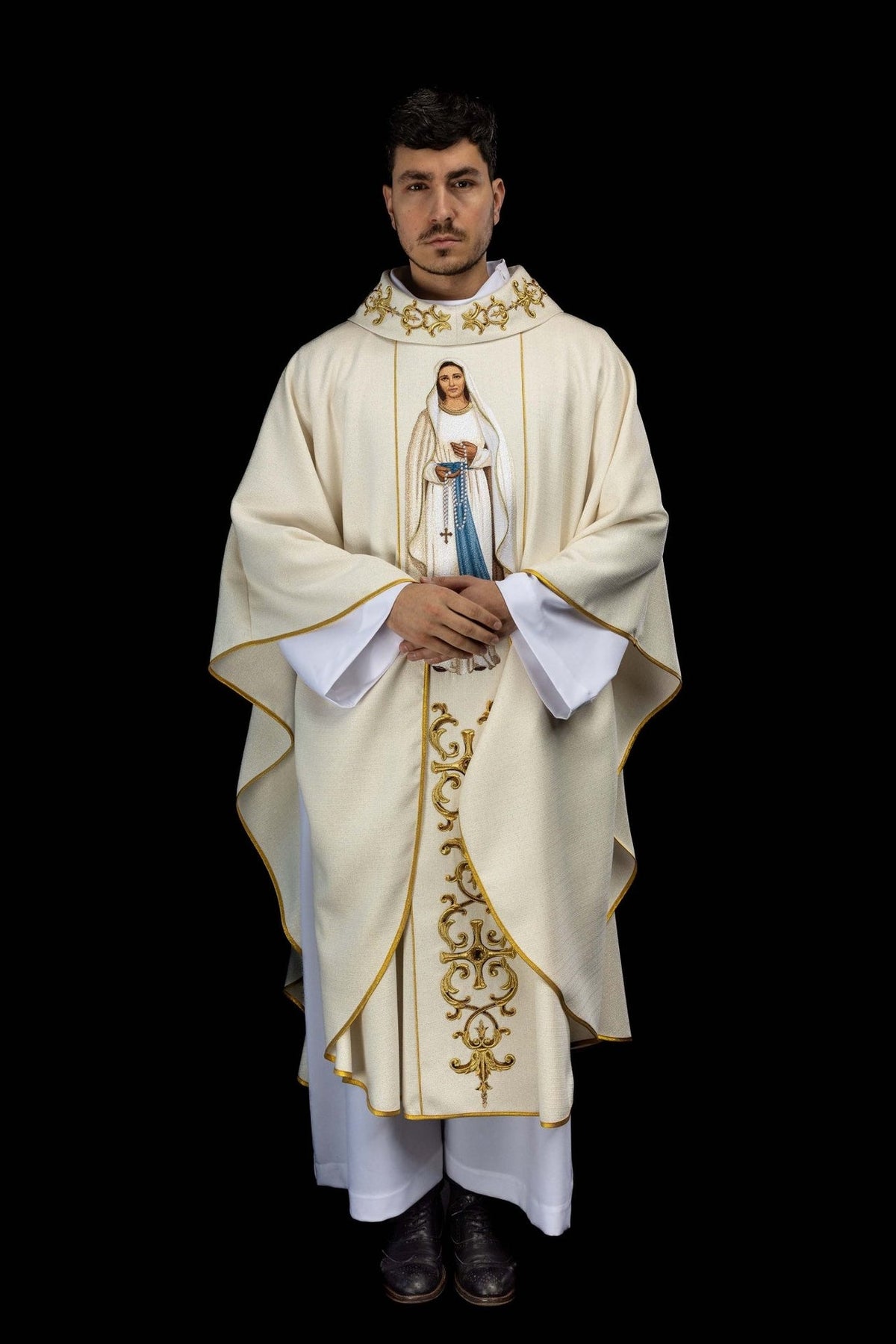 Embroidered chasuble, full front view with Our Lady image and gold embroidery