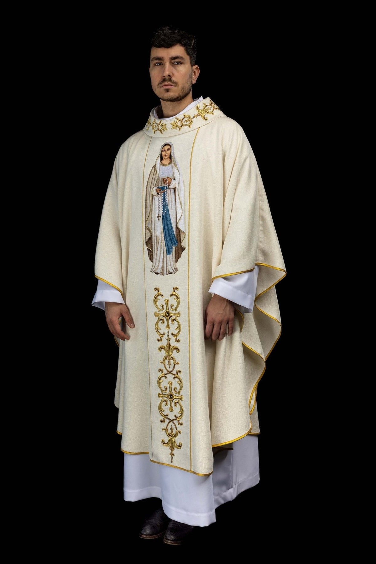 Embroidered chasuble, front view with Our Lady image and gold orphrey
