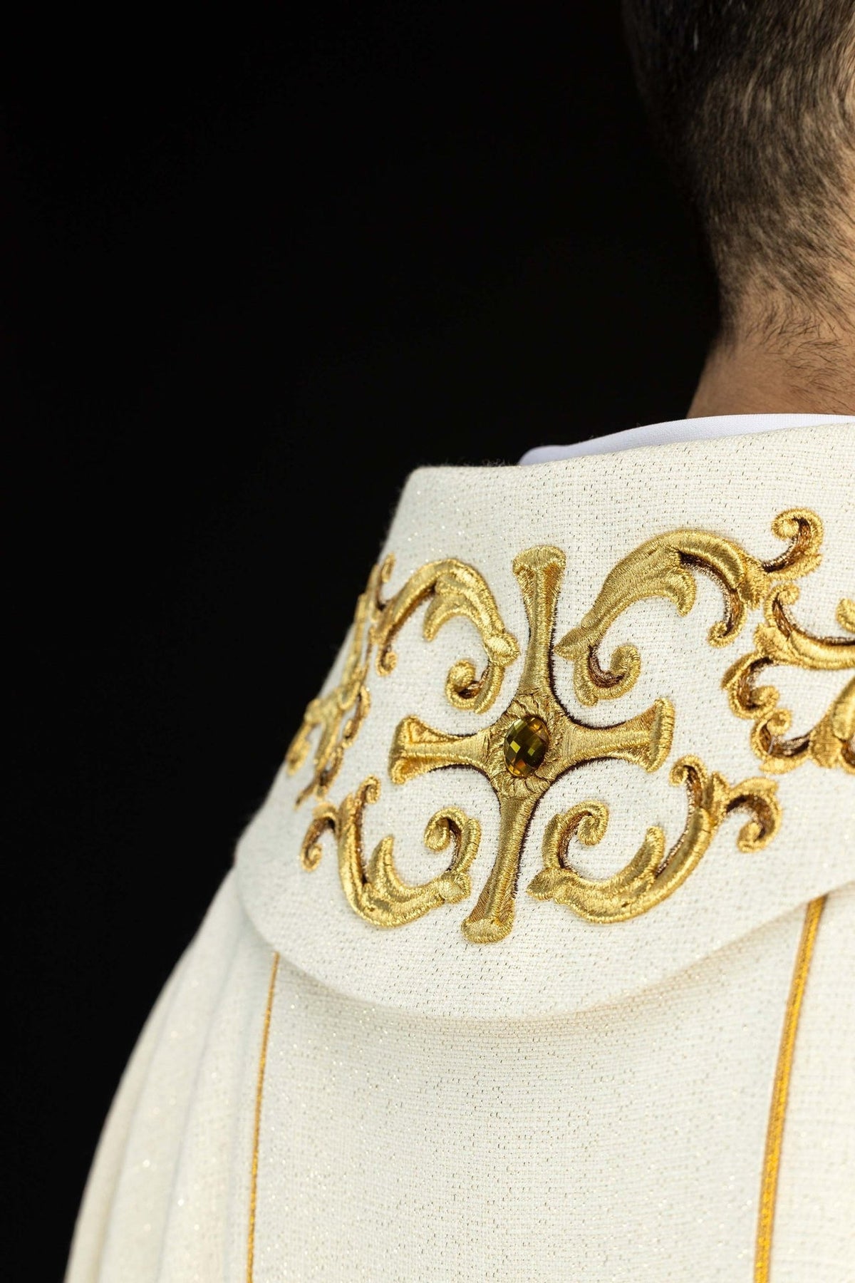 Embroidered chasuble, close-up of gold collar embroidery and trim
