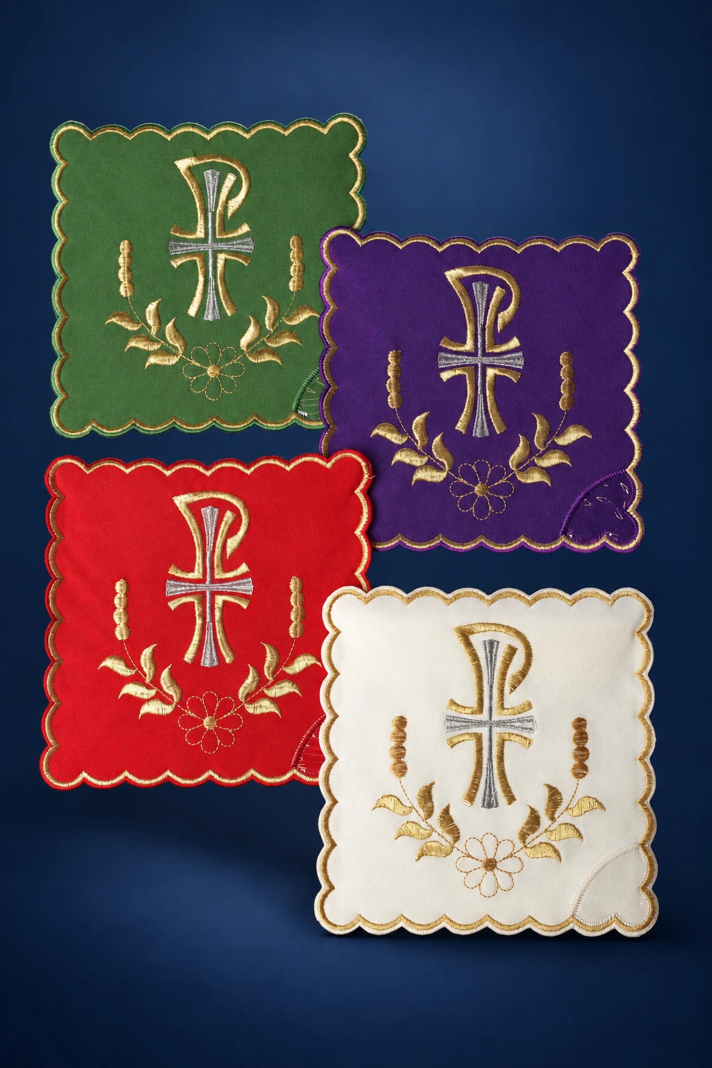Chalice Pall Set with Pax Symbol in Four Liturgical Colors, front view in green, purple, red and white