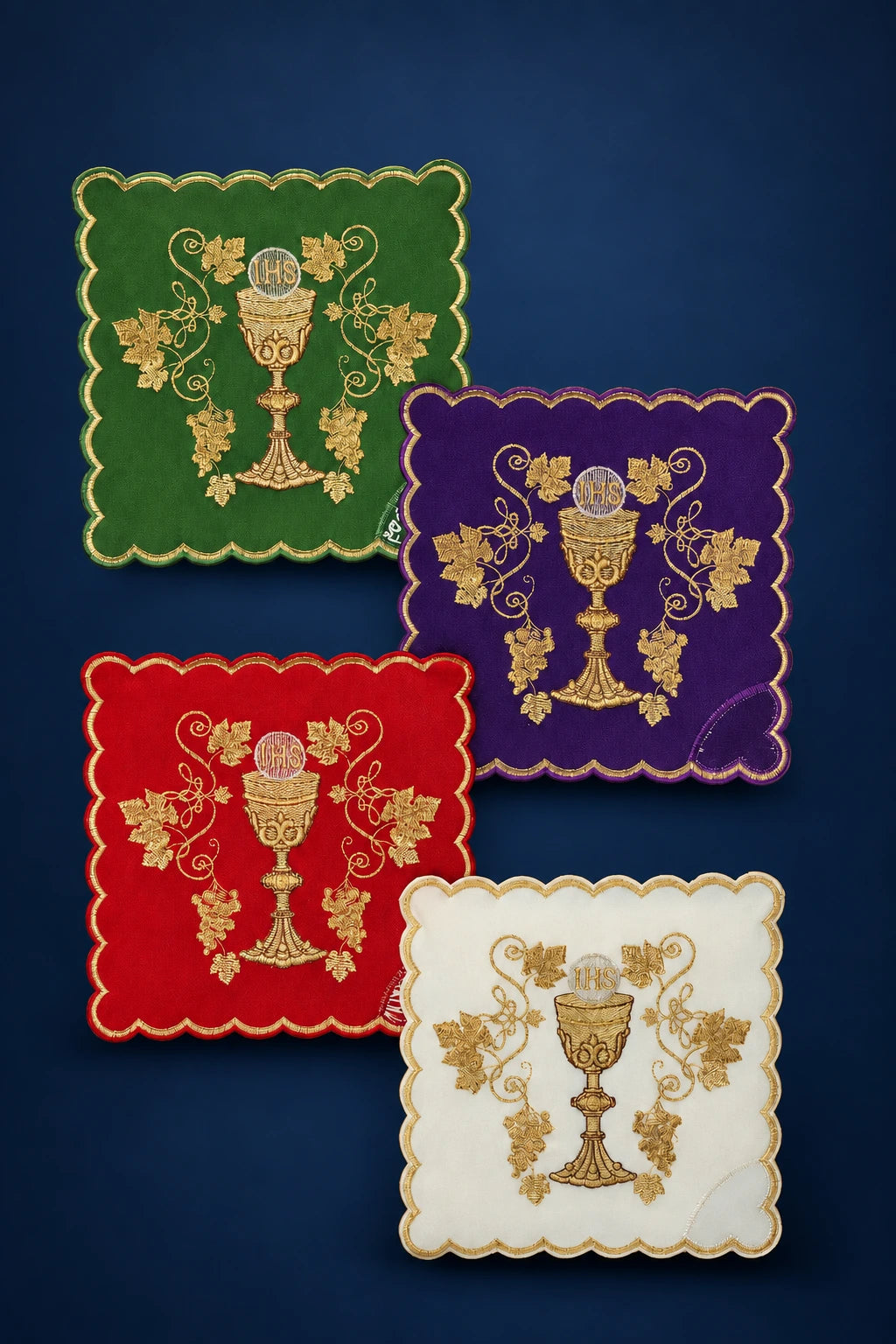 Chalice Pall Set in Four Liturgical Colors, green, purple, red and white with gold chalice and vine embroidery
