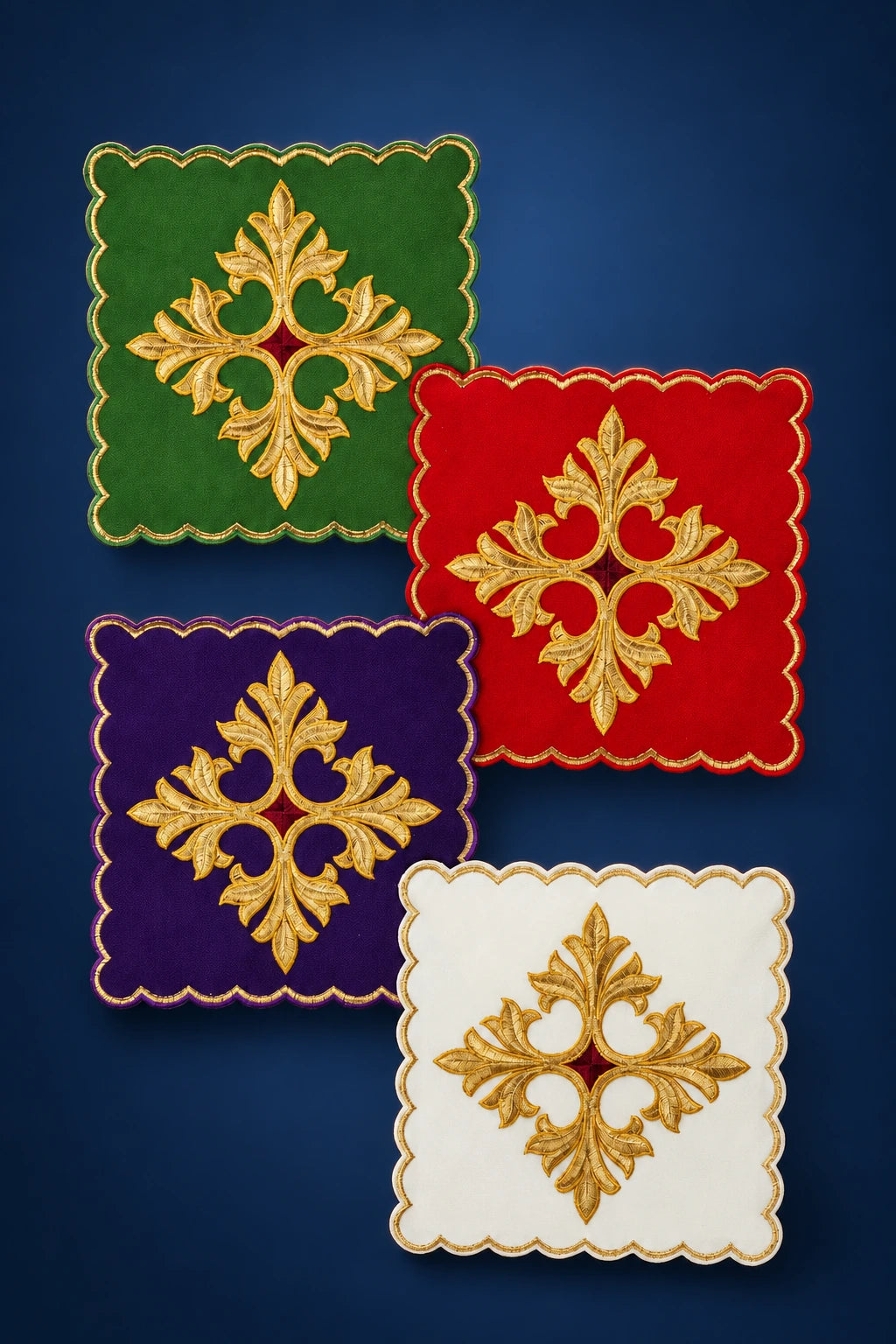 Chalice Pall Set with Embroidered Cross in Four Liturgical Colors, front view in purple, red, green and white