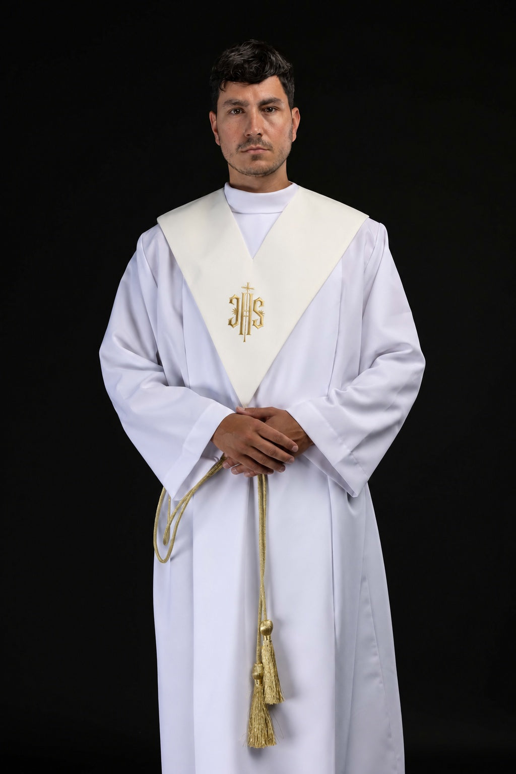 Lector's scapular worn over a white alb, full front view