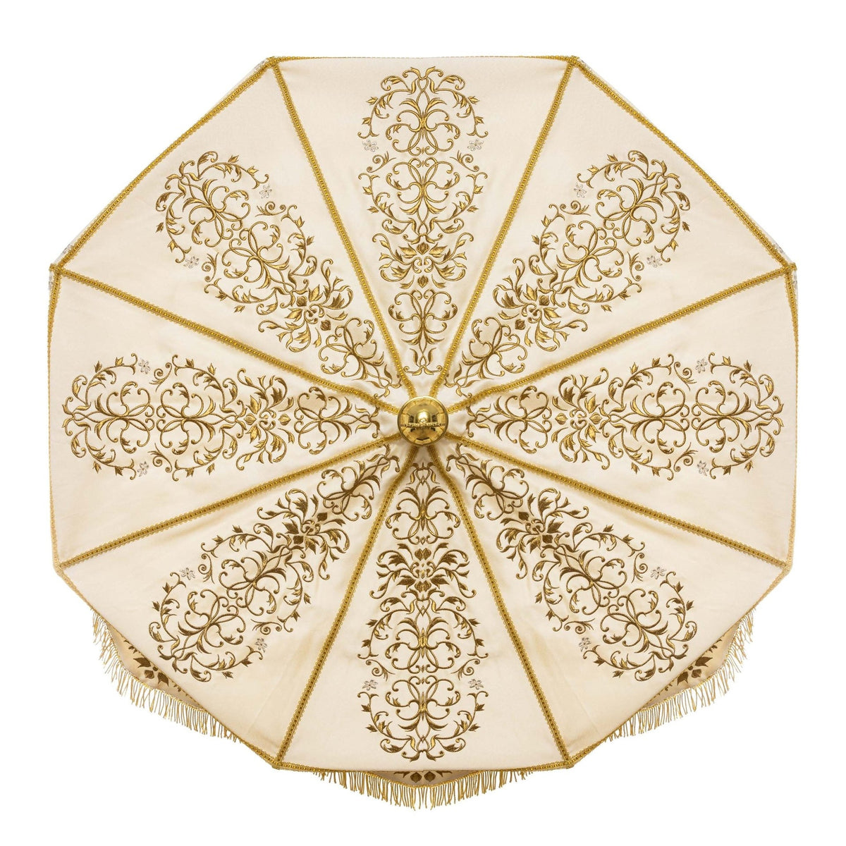 Processional umbrella, top view showing ecru panels with gold embroidery