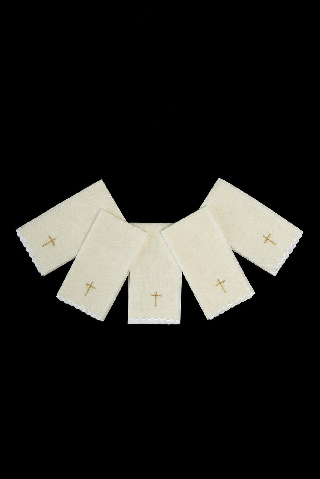 Set of 5 Linen Purificators with Gold Cross Embroidery, front view with scalloped edges