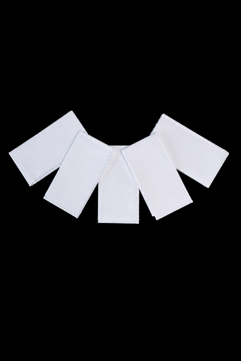 White Set of 5 Lavabo Towels, front view with scalloped embroidered edges