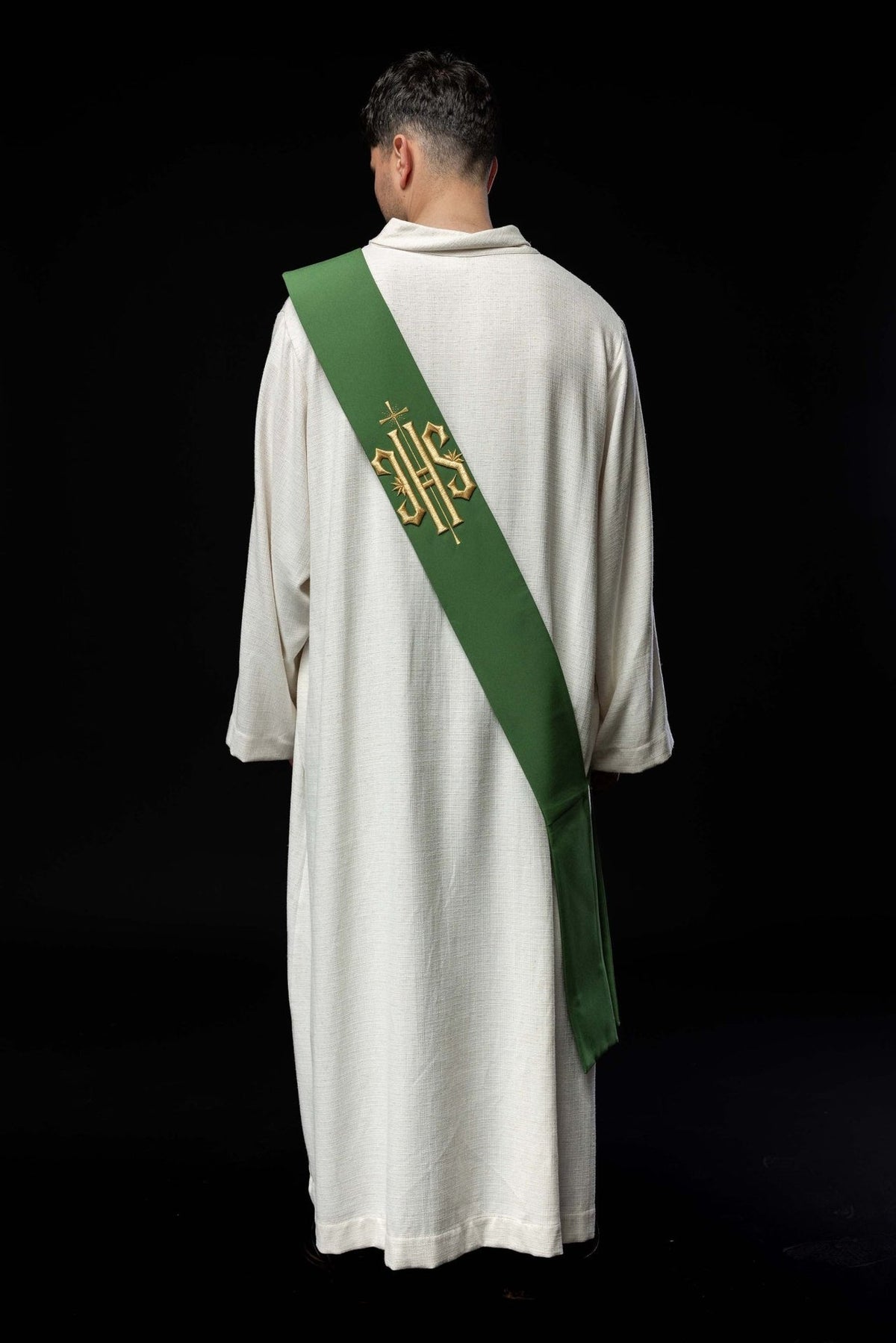 Green deacon stole rear view showing gold IHS and cross embroidery