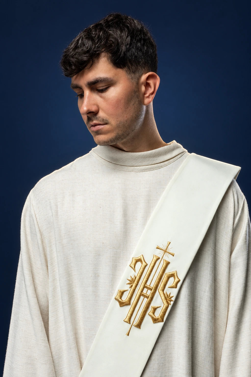 Deacon Stole with Embroidered IHS and Small Cross, white front view with gold embroidery