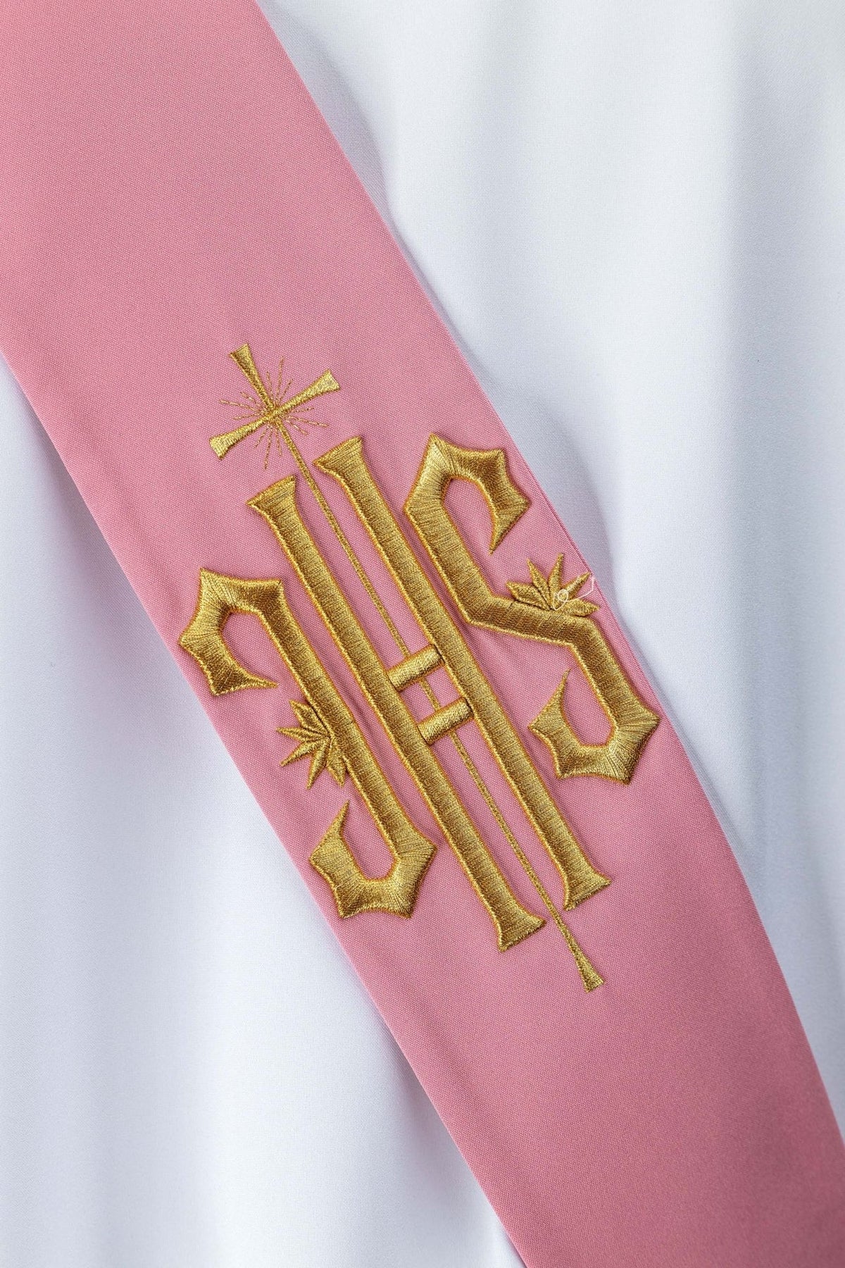Gold IHS embroidery and cross detail on the rose stole