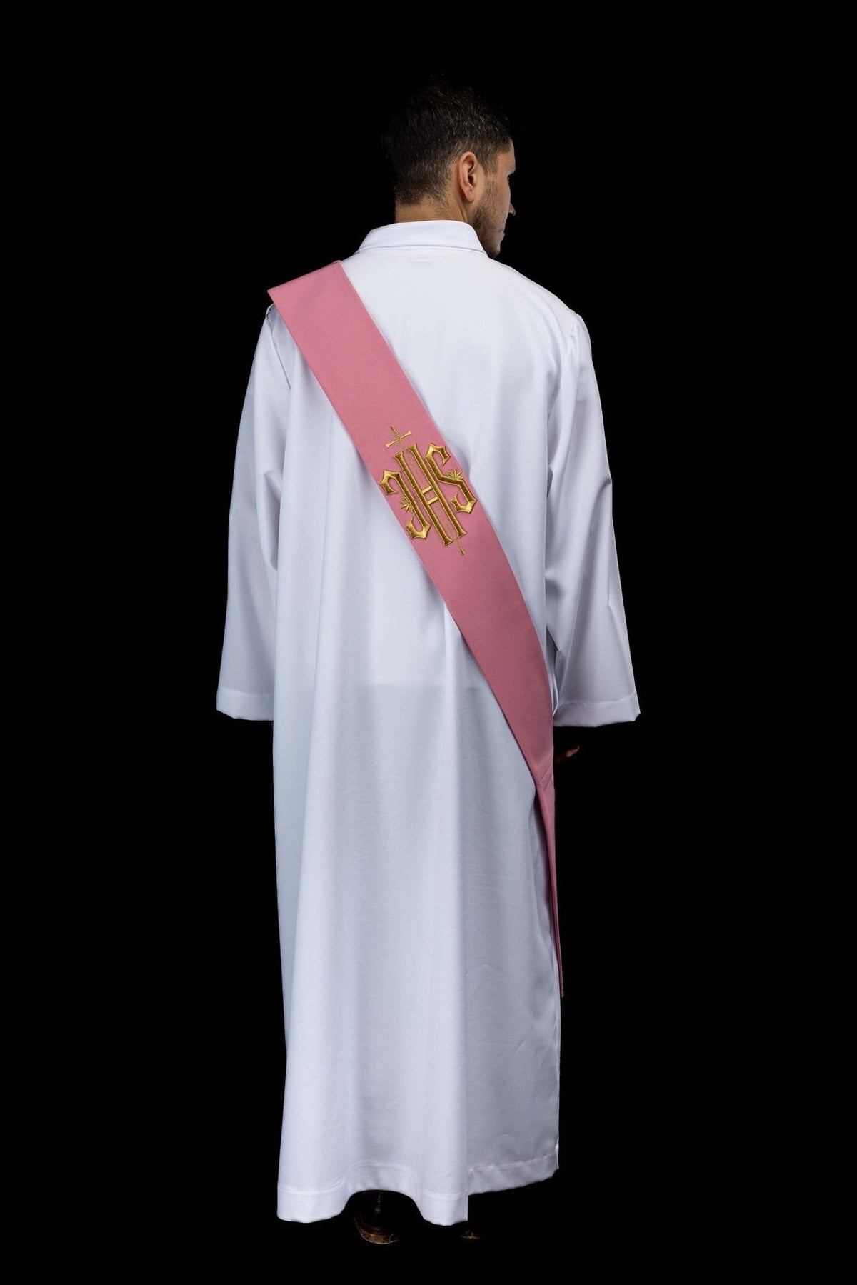 Rose deacon stole worn from the back, showing its full length