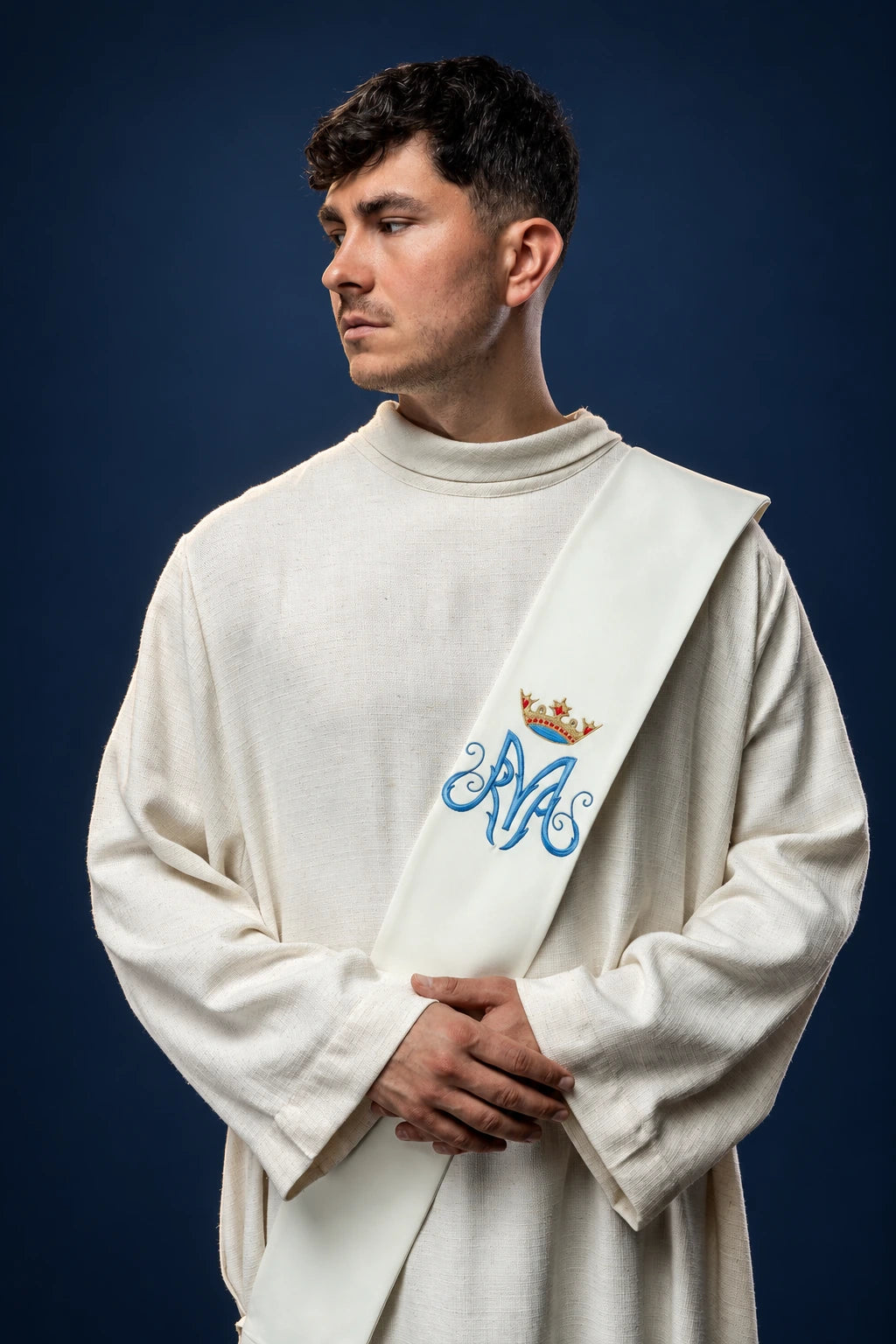 Marian Deacon Stole worn from the front, in white with embroidered blue Marian symbol and crown