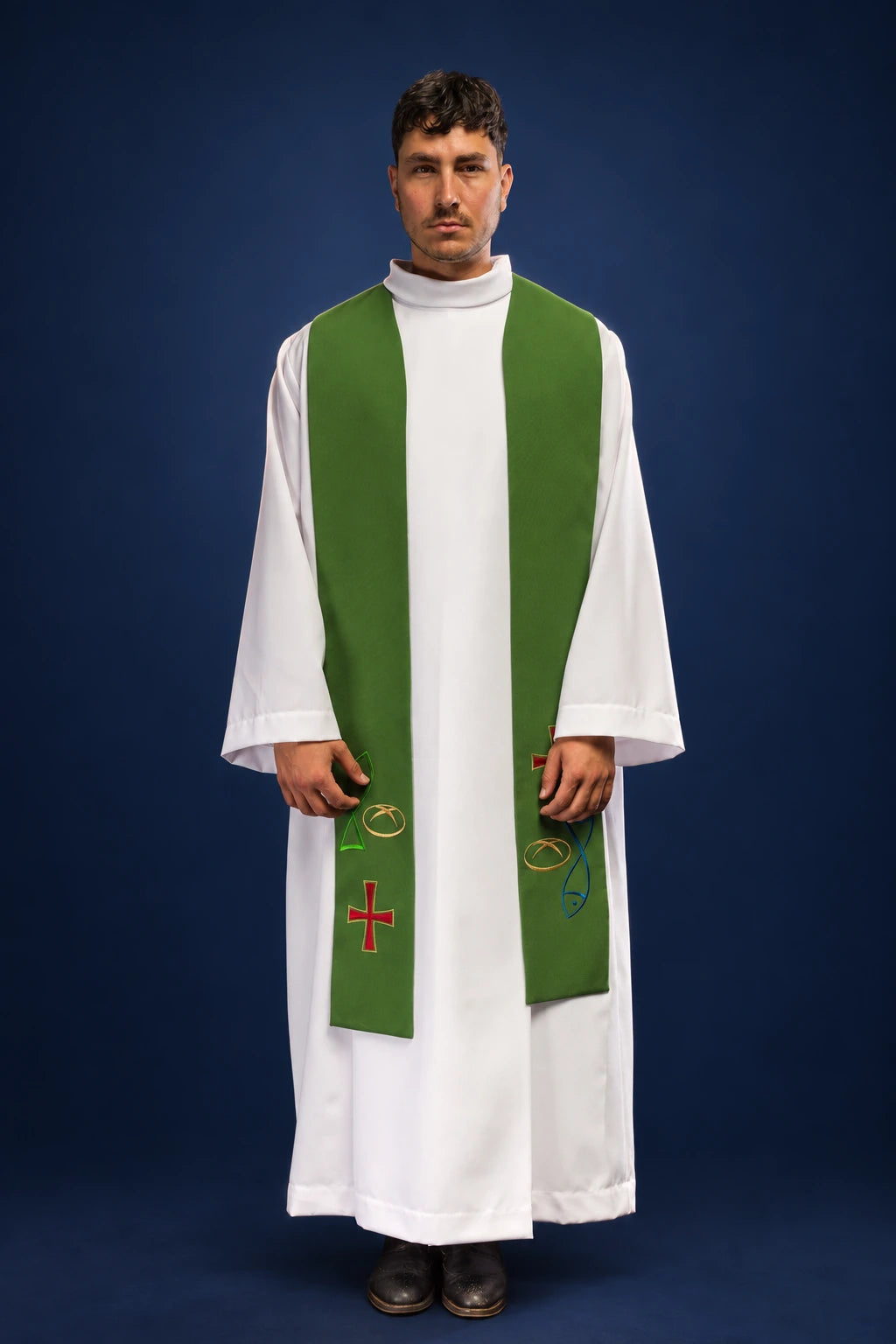 Green Embroidered Priest Stole with Fish, Bread and Cross Motif, front view worn