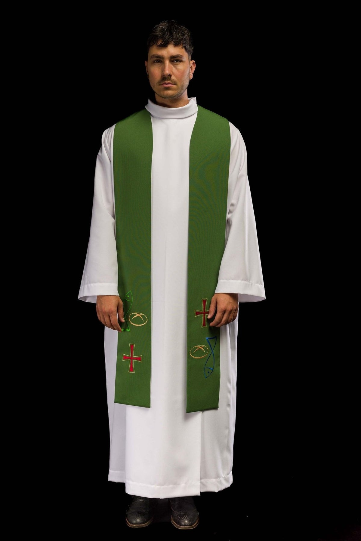 Green embroidered stole front view with fish, bread and cross motifs