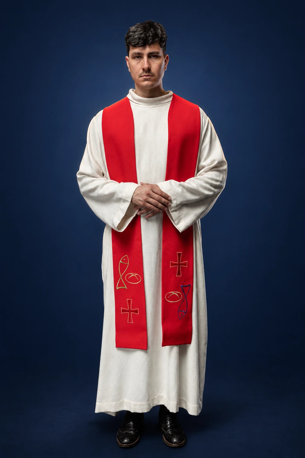 Red Embroidered Priest Stole with Fish, Bread and Cross Motif, front view worn