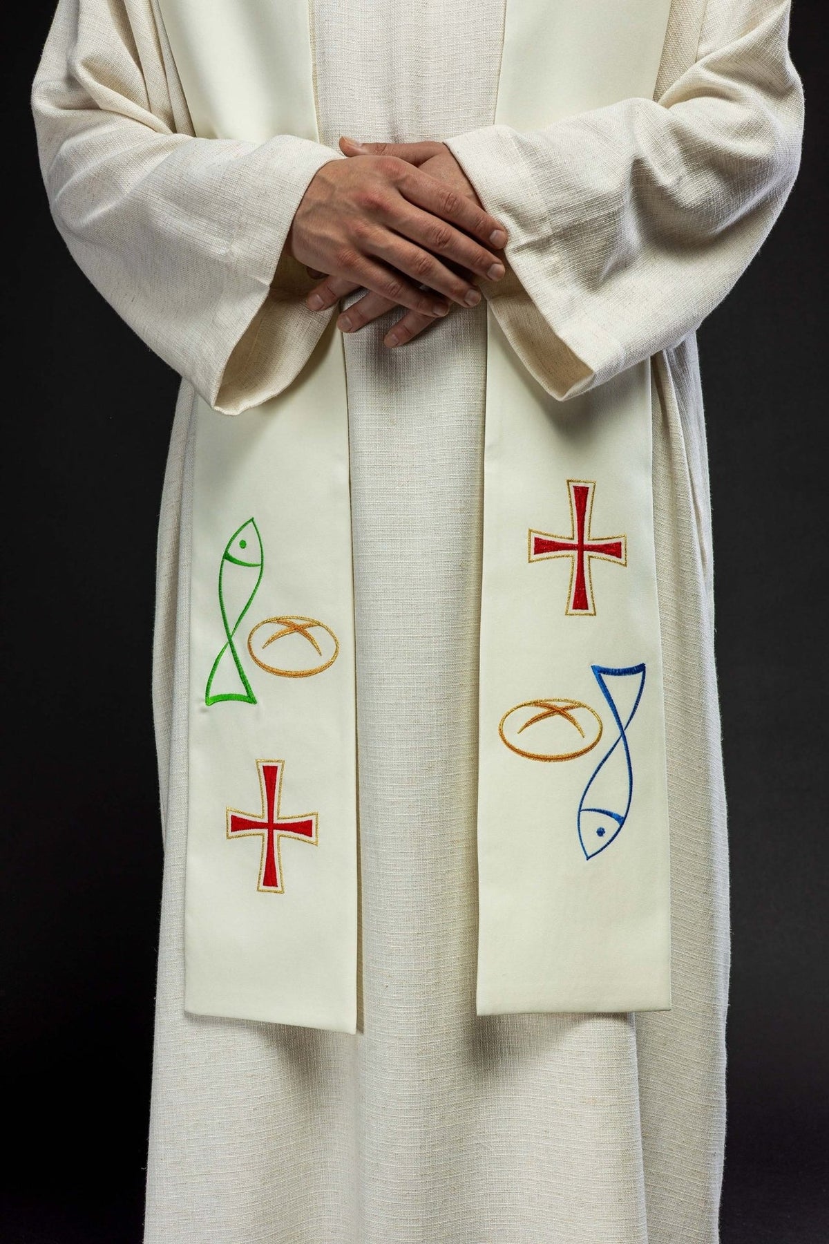 Ecru embroidered priest stole front detail with fish, bread and red cross