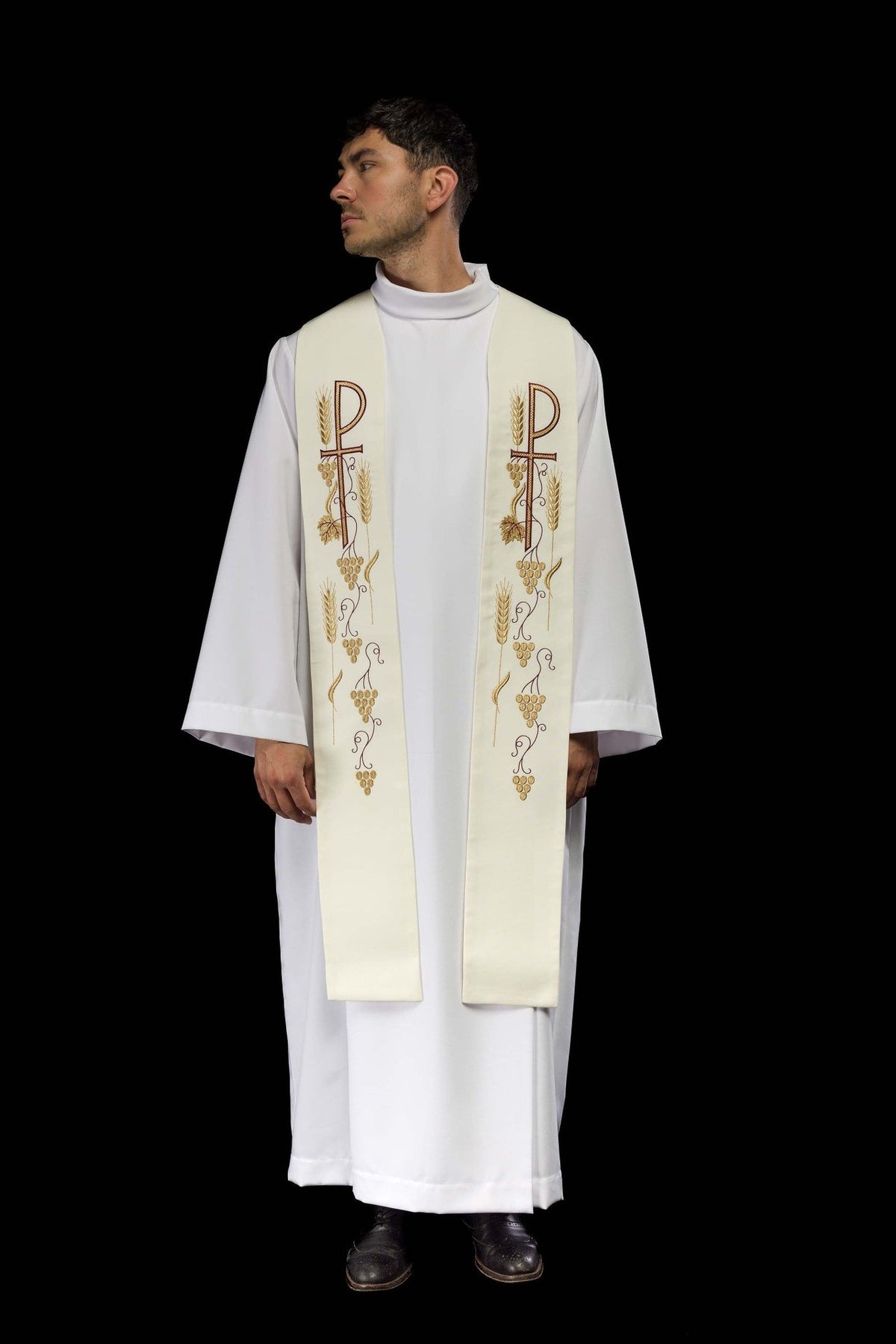 Ecru priest stole, full front view with cross, grapes and wheat embroidery