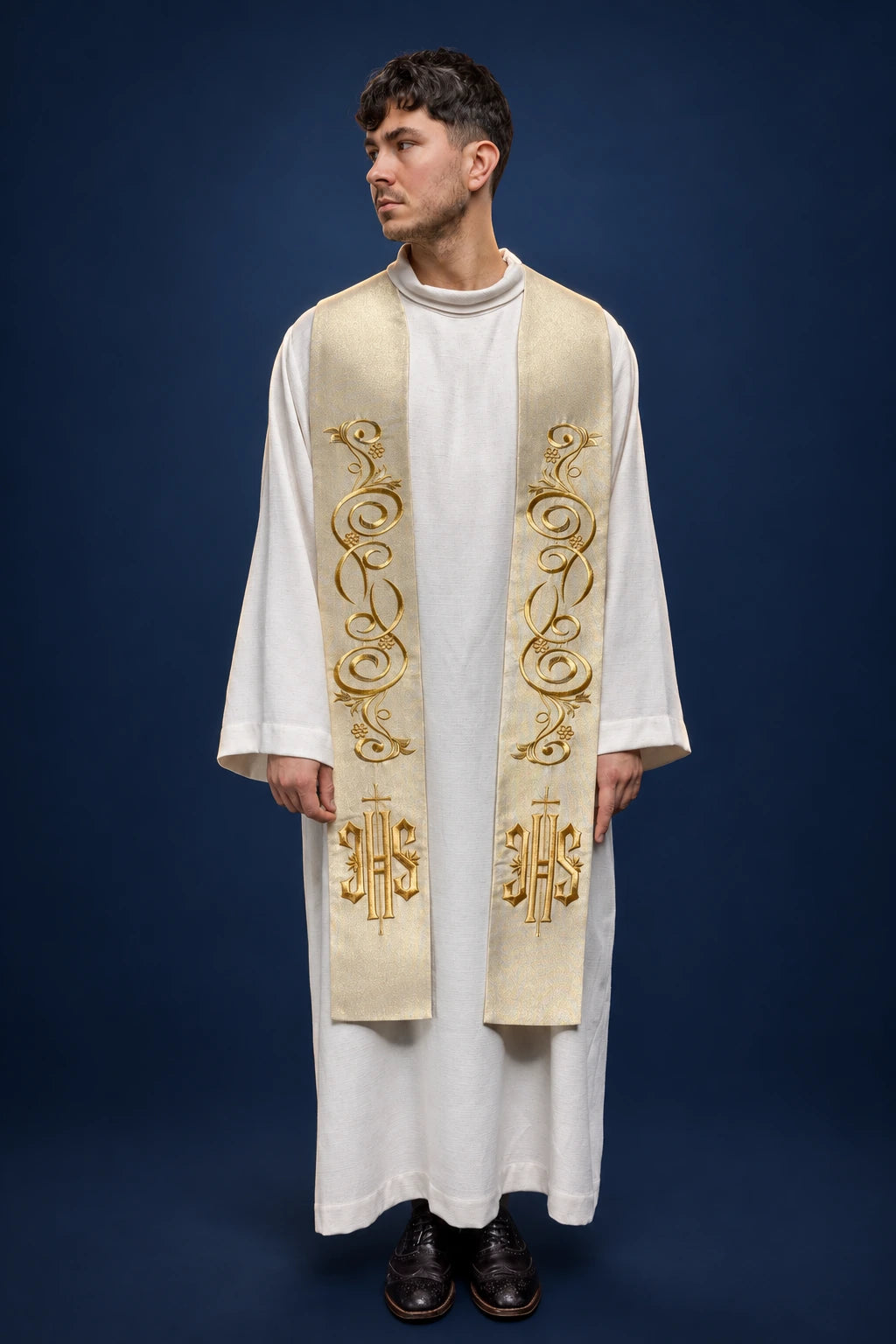 Gold Embroidered Catholic Stole with IHS worn front view, with gold scroll embroidery and IHS motifs