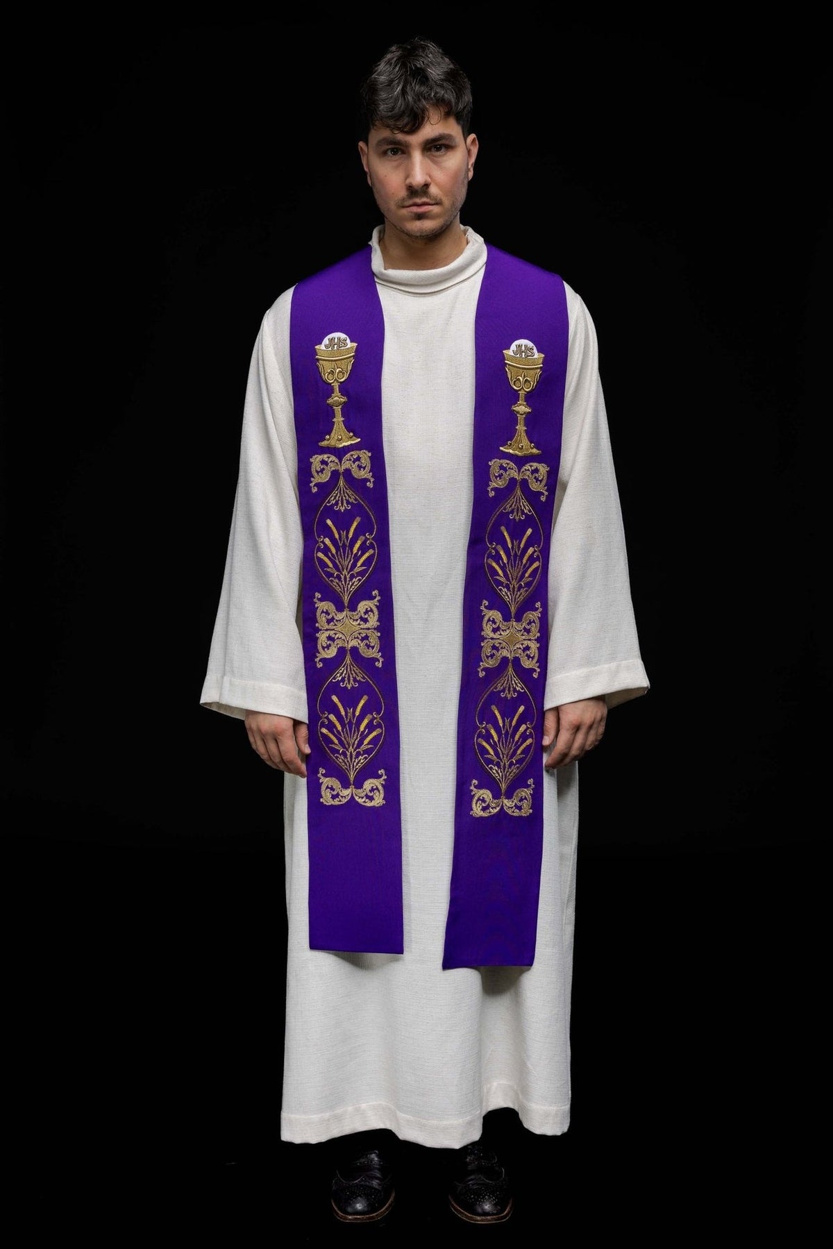 Purple priest stole full front view with repeated gold chalice and floral embroidery