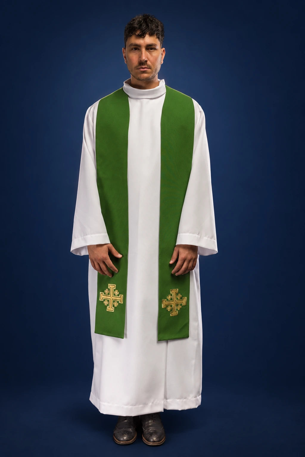 Green Embroidered Priest Stole with Jerusalem Cross, front view worn