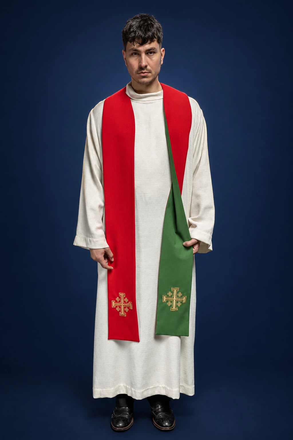Double-Sided Green and Red Catholic Priest Stole with Jerusalem Cross, worn front view