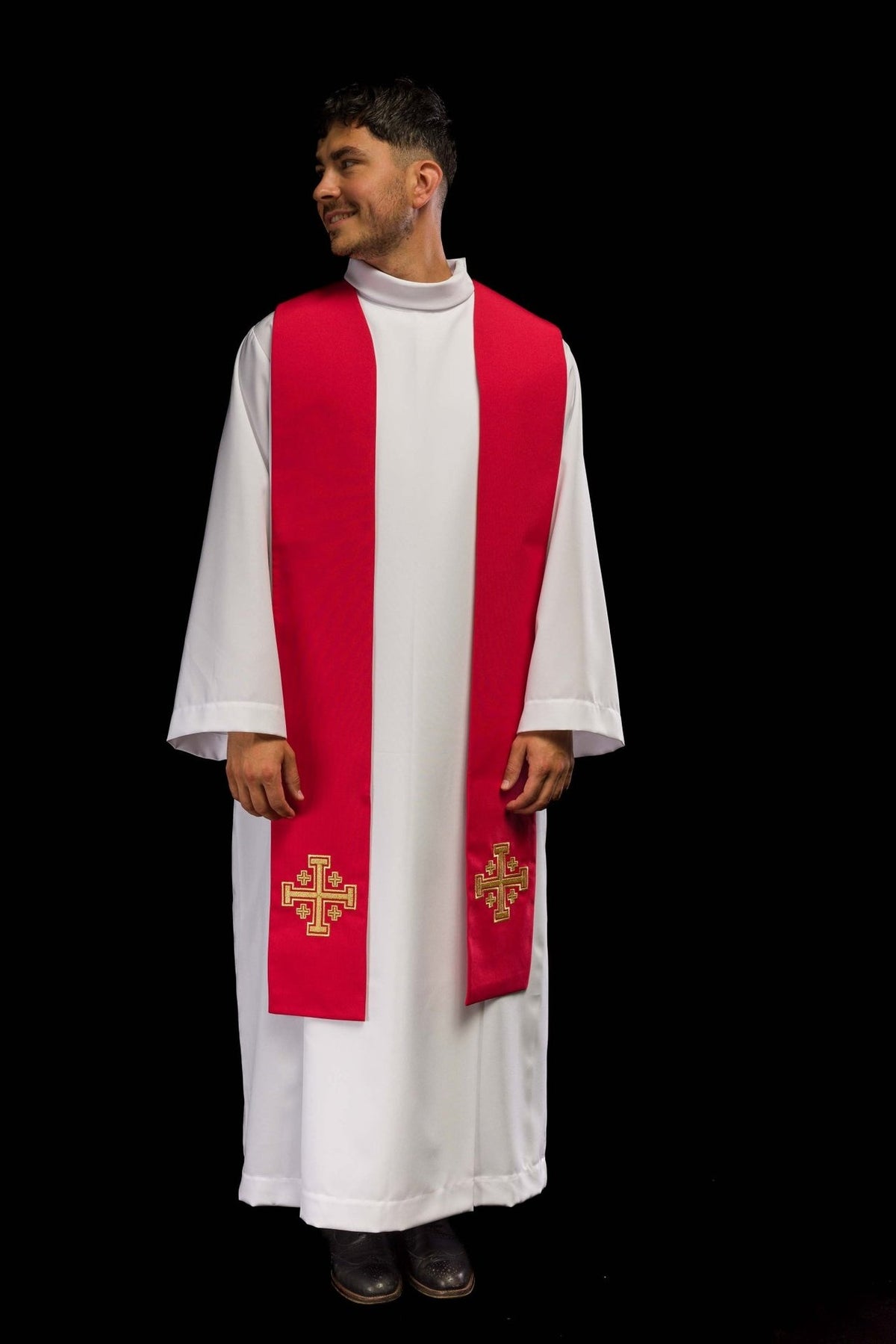 Red embroidered priest stole front view worn with matching Jerusalem crosses