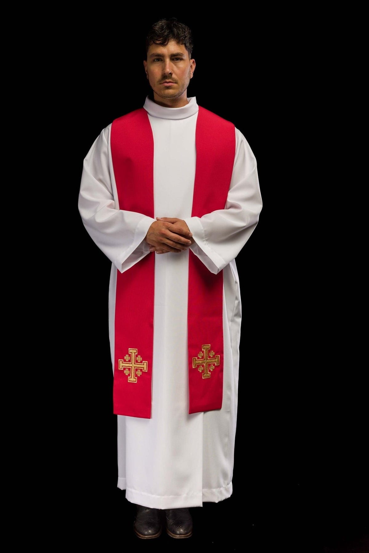 Red embroidered priest stole front view with gold Jerusalem crosses