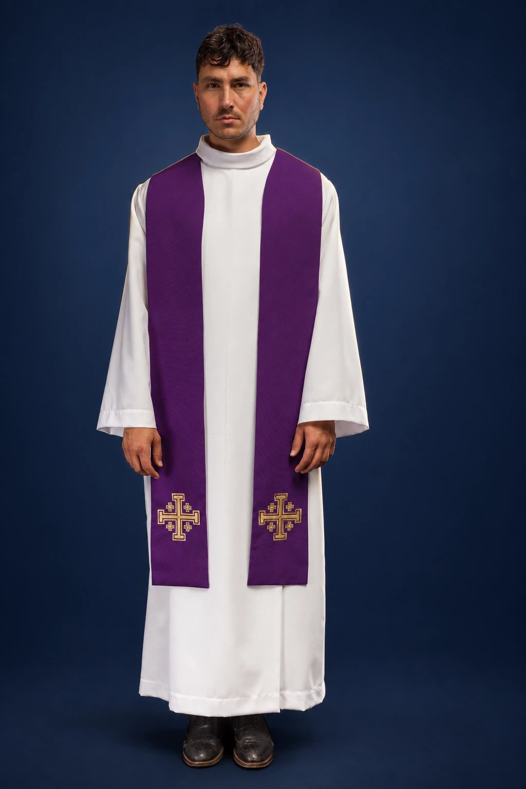 Embroidered Purple Stole with Jerusalem Cross worn front view, showing two gold Jerusalem crosses