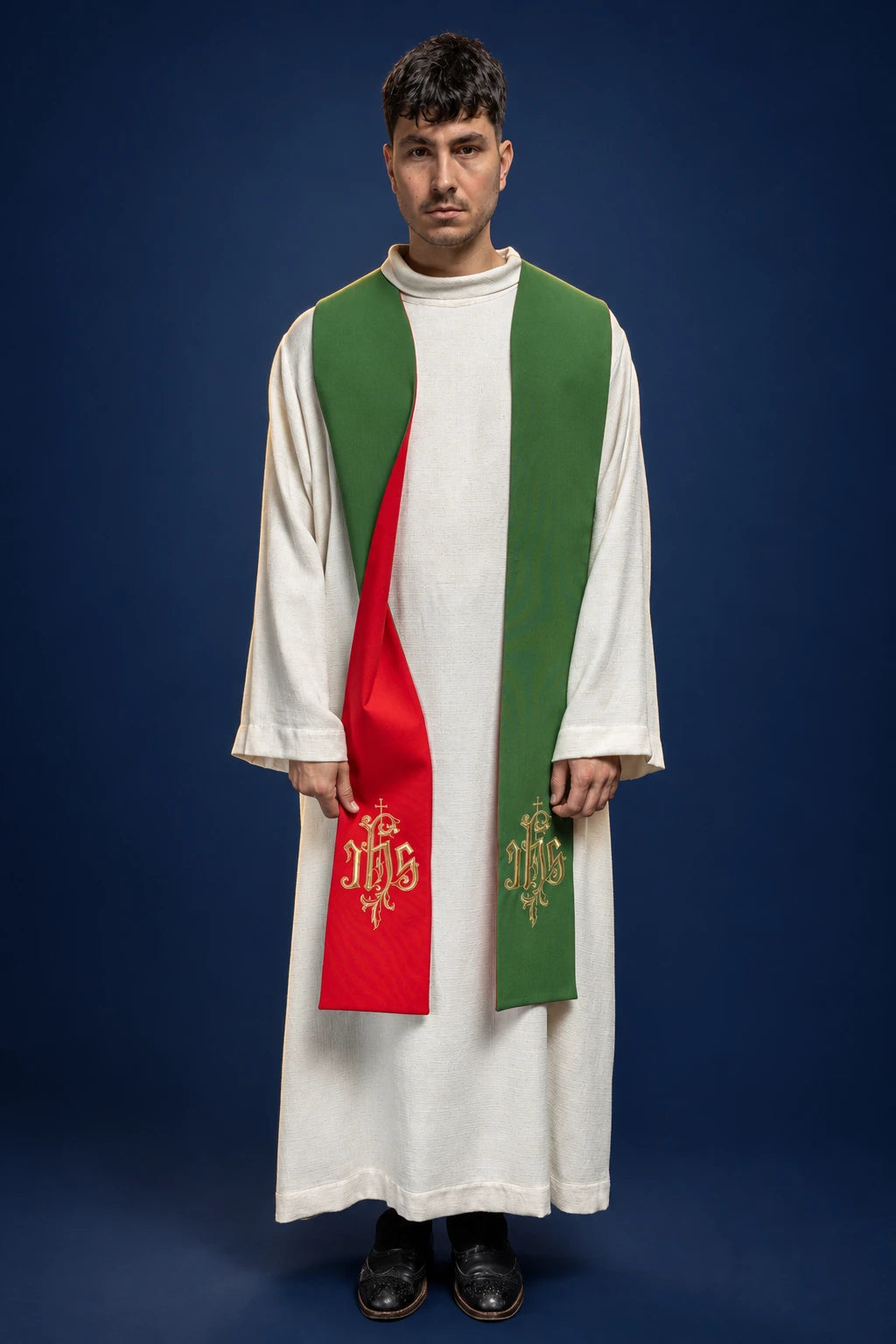 Double-Sided Embroidered IHS Stole, Green and Red worn front view with gold IHS embroidery