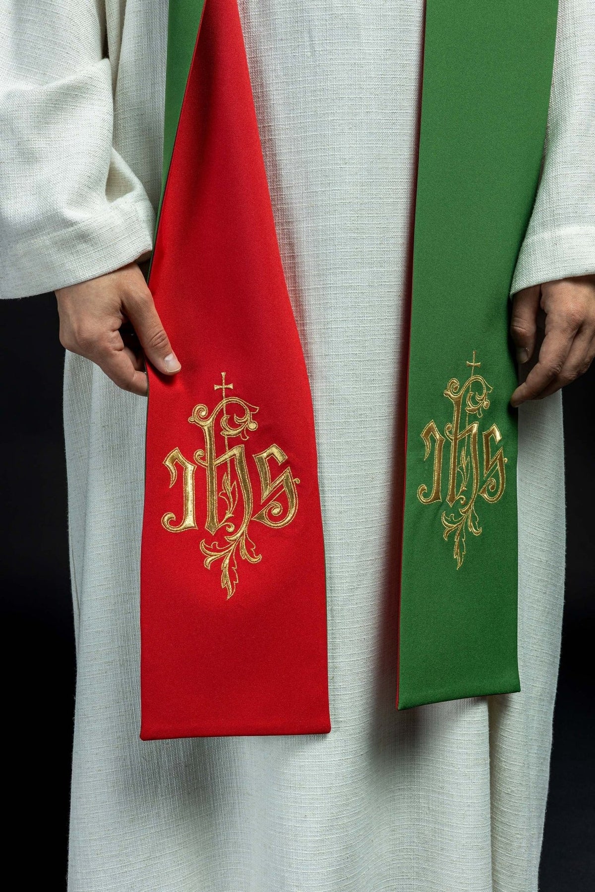 IHS stole close-up showing red and green sides with gold embroidery