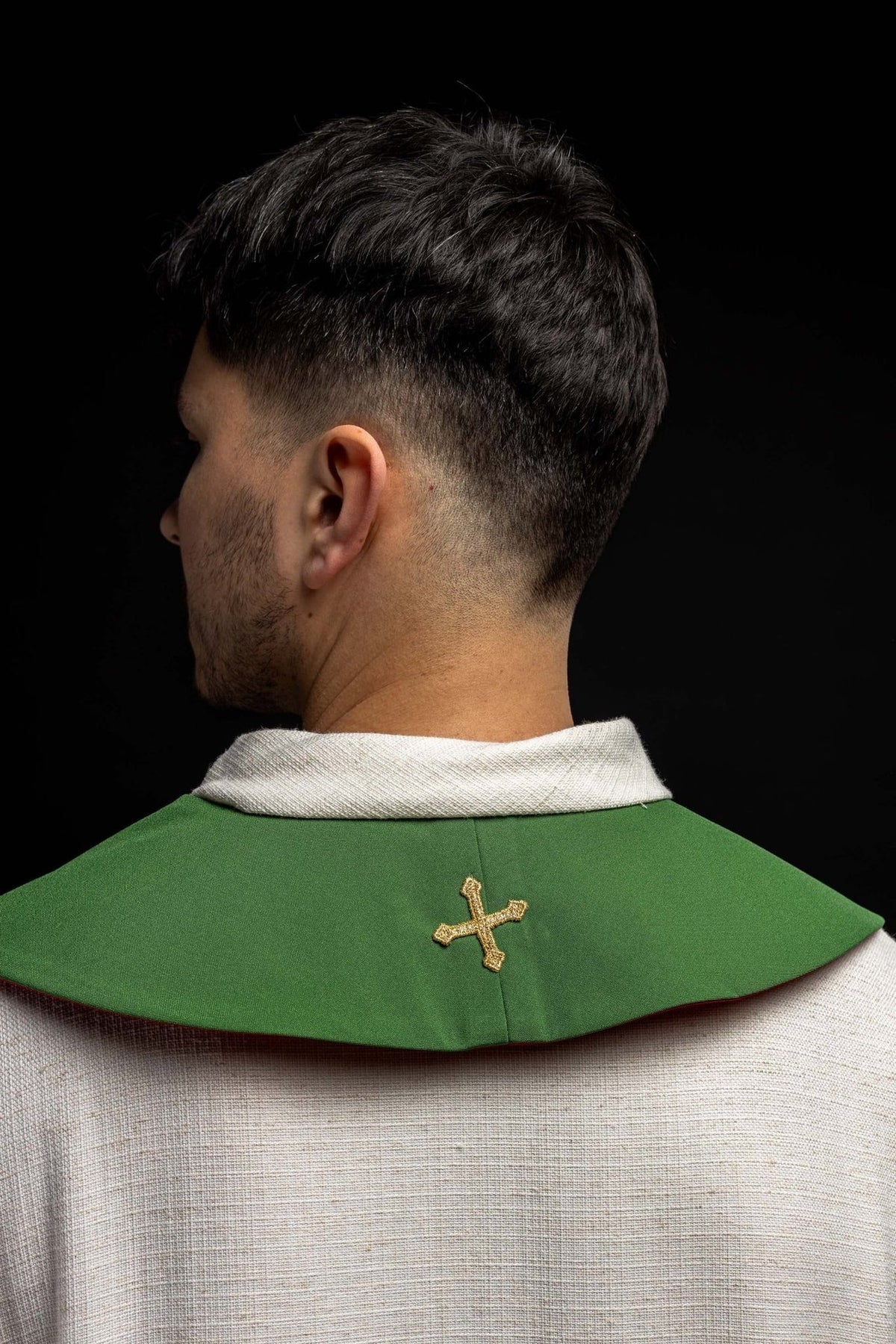 IHS stole back view showing green side and gold cross embroidery