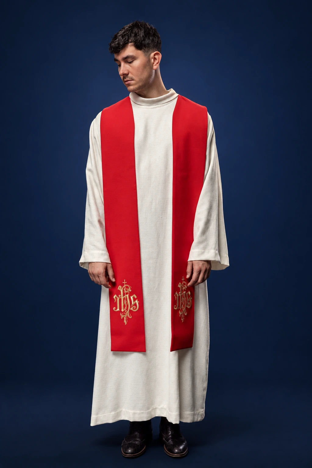 Red Embroidered IHS Stole worn front view with gold IHS embroidery on both ends