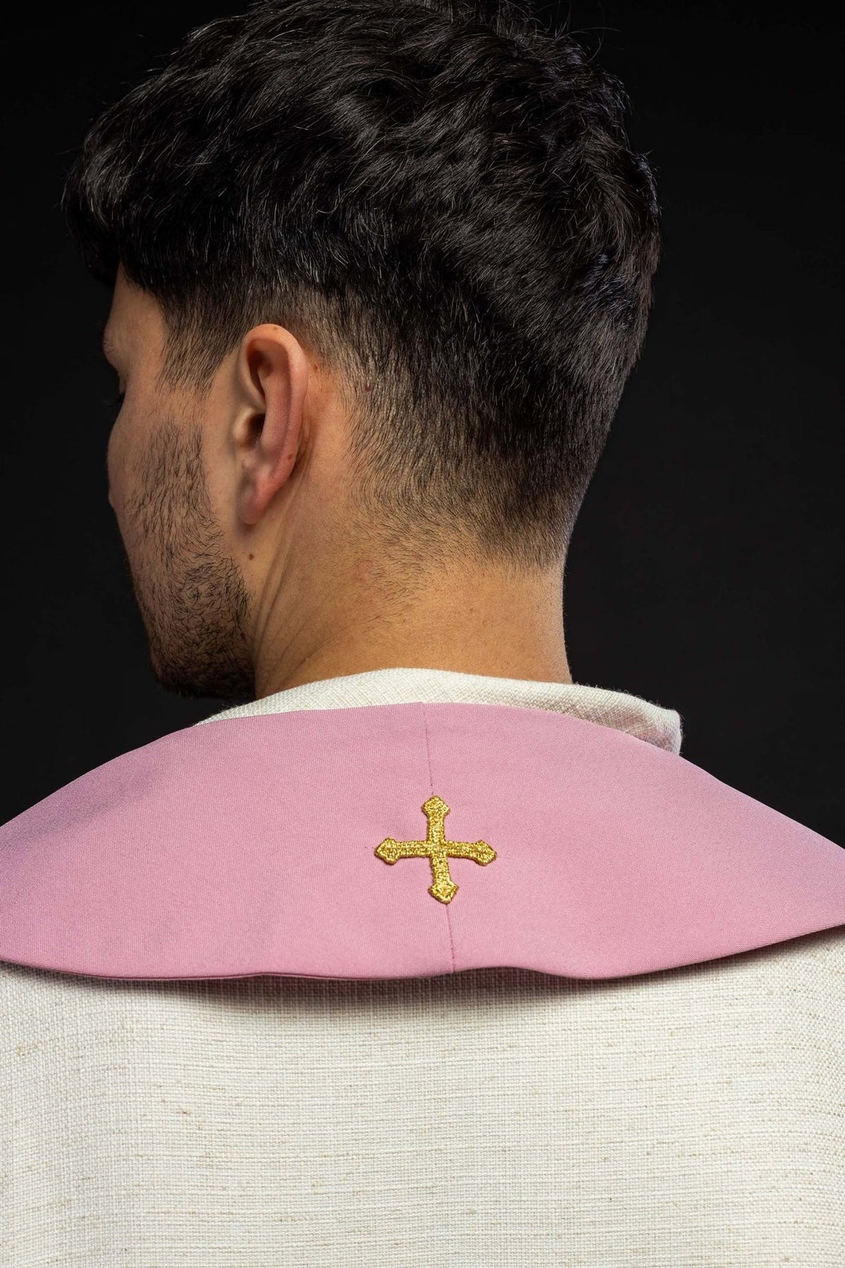 Rose priest stole back view with gold cross embroidery