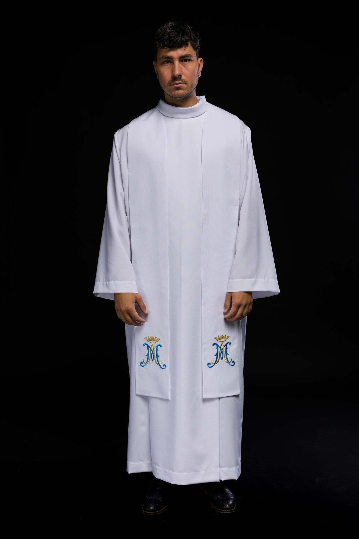 White priest stole worn from the front, showing matching Marian embroidery