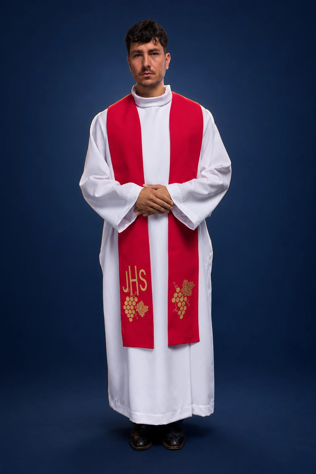 Red Embroidered Priest Stole with IHS and Grapes worn from the front