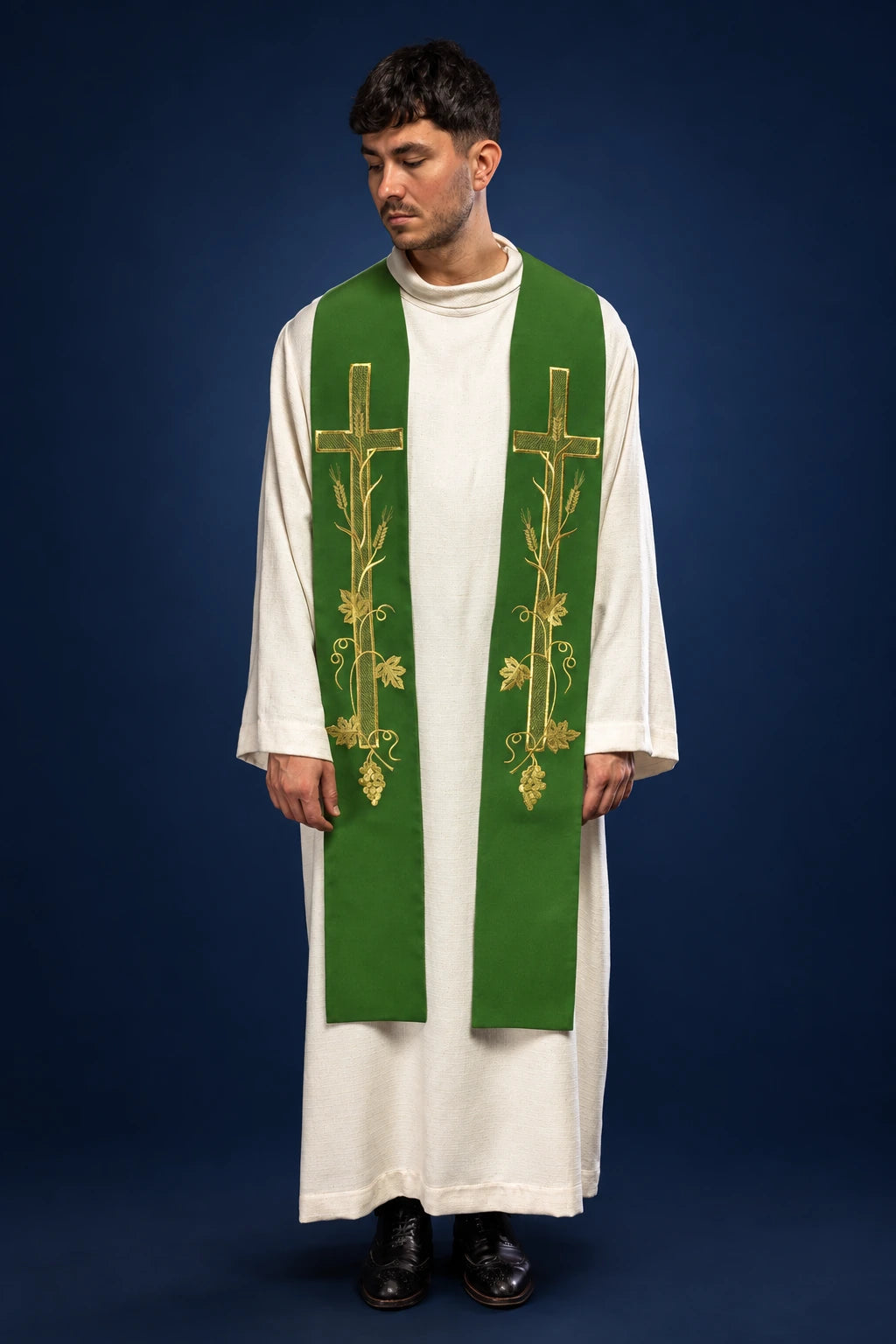 Green Embroidered Priest Stole with Cross worn front view, featuring gold cross and vine embroidery