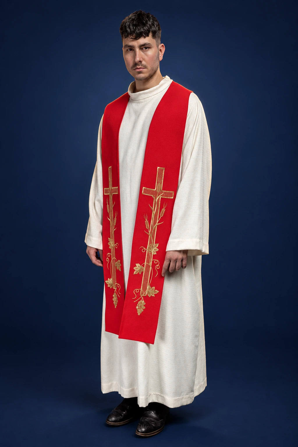 Red Embroidered Catholic Stole with Cross, 6.25 in (16 cm) Wide, front worn view