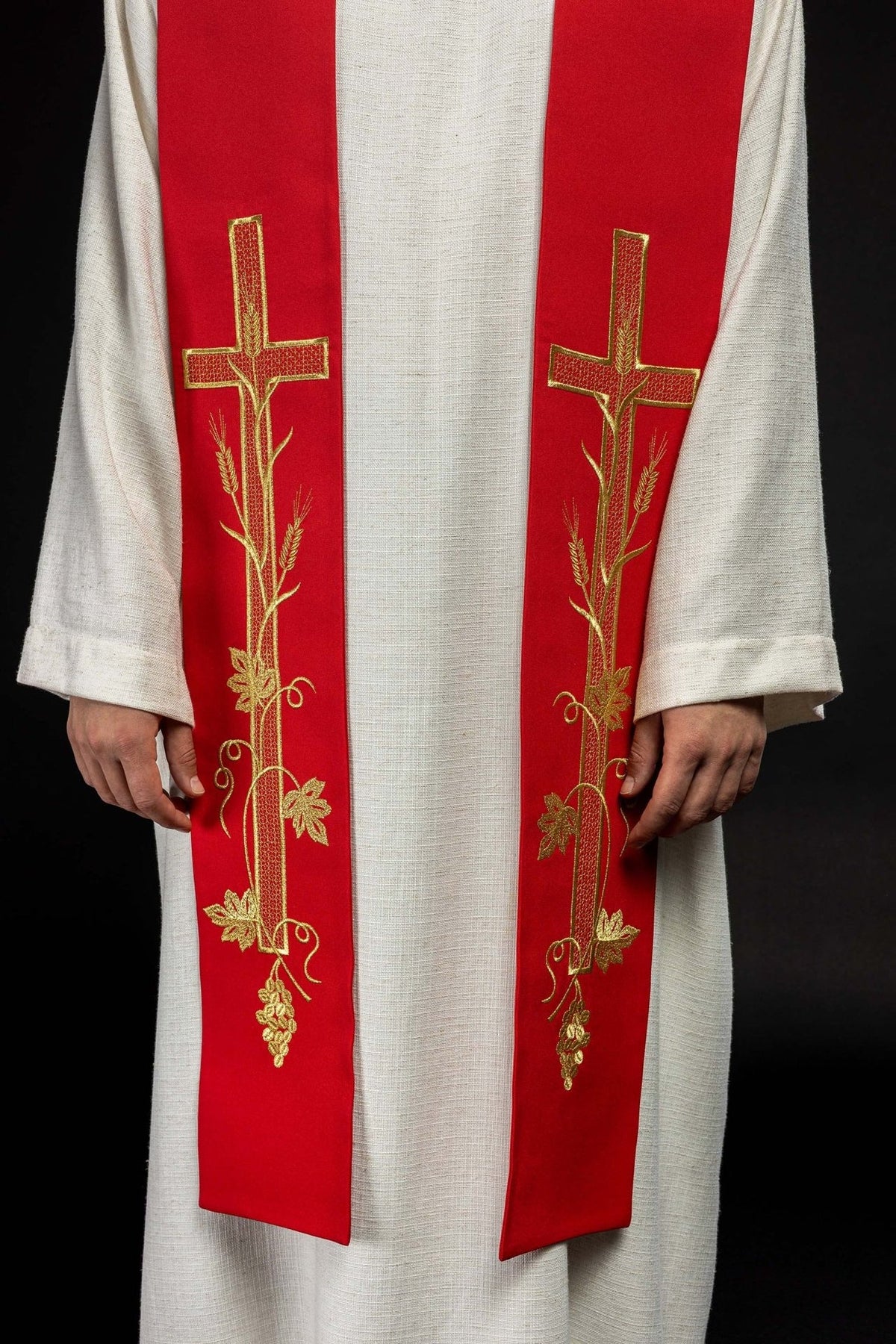 Red stole front view with matching embroidered crosses, vines, wheat and grapes
