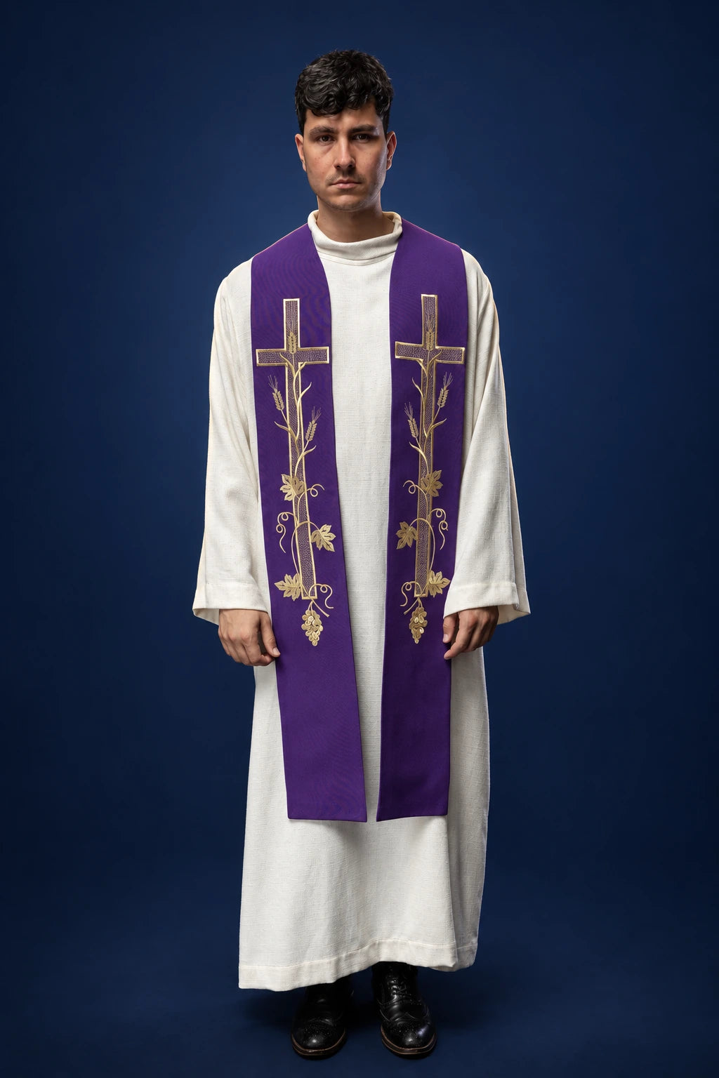 Purple Embroidered Priest Stole with Cross worn front-facing, with gold cross and floral embroidery